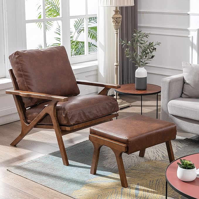 chairus Mid-Century Modern Accent Chair with Ottoman, Faux Leather Armchair with Wood Legs Comfy Upholstered Single Sofa Chair for Living Room/Bedroom/Lounge, Brown