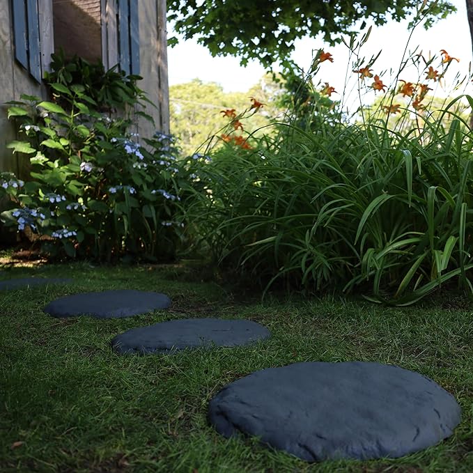 Ei Circular 15.5” Stepping Stones with Ground Stakes - Home or Garden Step Stones for Outdoor Walkway or Pathway Pavers - Resin Material (8, Slate Grey)