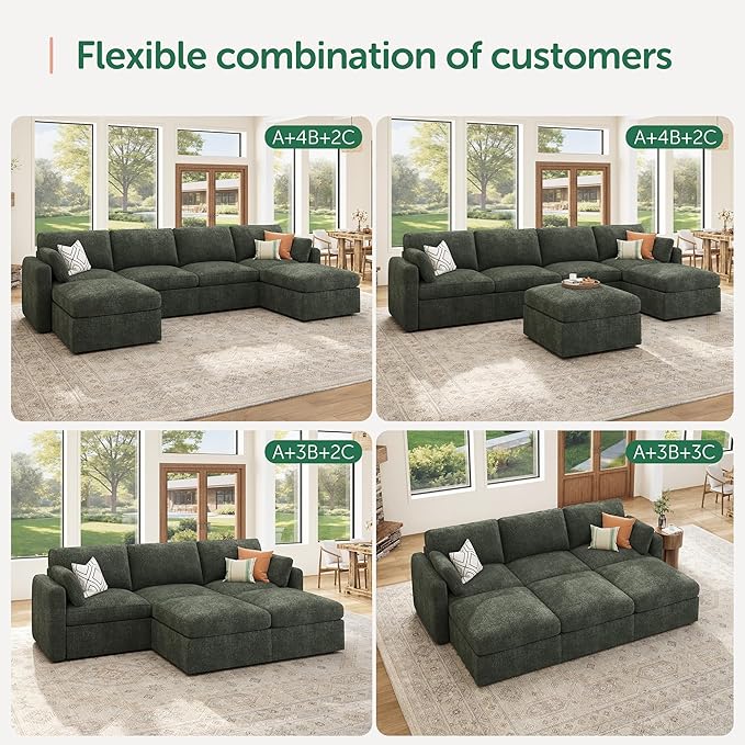 HONBAY Modular Sectional Couch with Storage Seats, L Shaped Sectional Sofa with Storage, Chenille Sectional Couches for Living Room, Green
