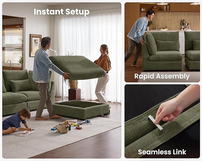 Oversized Modular Sofa, Extra Deep Cloud Chenille Sectional Couch with Ottoman Chaise, Fluffy Chenille 6 Seat U-Shaped Sofa for Living Room, Villa (U Shape 6 Seater, Chenille Green)