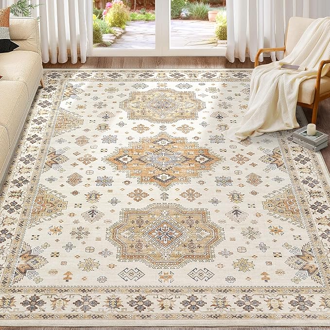 Washable Area Rugs for Living Room - 7x9 Neutral Vintage Distressed Floral Farmhouse Boho Large Soft Floor Rug Indoor Non Slip Carpet for Living Room Bedroom Dining Room Office - Orange/Yellow/Beige