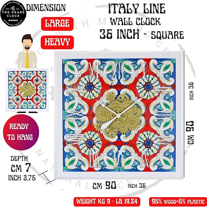 The Gears Clock Wall Clock Italy Collection with Moving Gears (Sorrento, 36 inch Square)