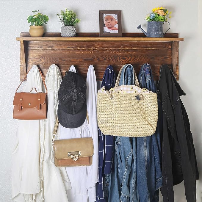 WEBI Coat Rack Wall Mount with Shelf,8 Peg Hooks,34" Long Rustic Entryway Wall Shelf with Hooks Underneath for Hanging Coats,Clothes,Bathroom,Rustic Brown