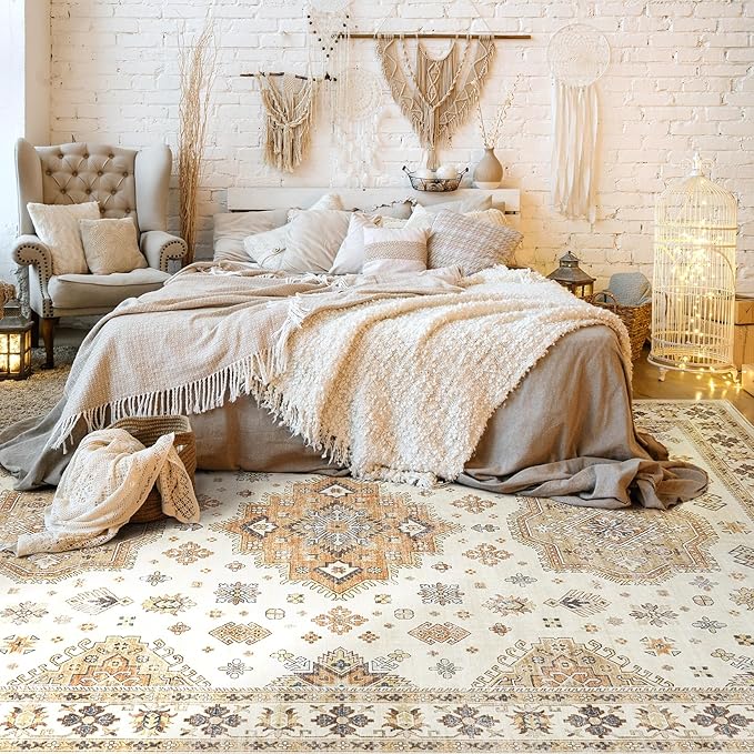 Washable Area Rugs for Living Room - 7x9 Neutral Vintage Distressed Floral Farmhouse Boho Large Soft Floor Rug Indoor Non Slip Carpet for Living Room Bedroom Dining Room Office - Orange/Yellow/Beige