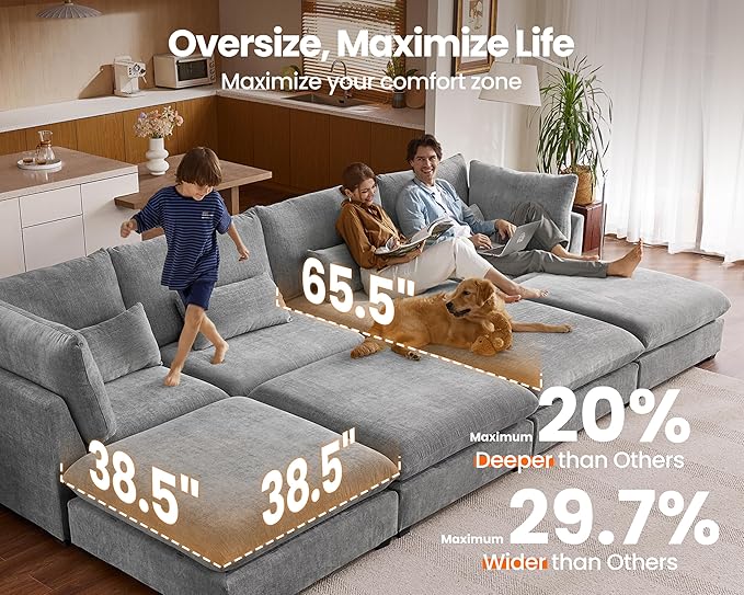 Oversized Modular Sofa, Extra Deep Cloud Chenille Sectional Couch with Ottoman Chaise, Fluffy Chenille Loveseat L Sofa for Living Room, Villa (Loveseat+Ottoman, Chenille Grey)