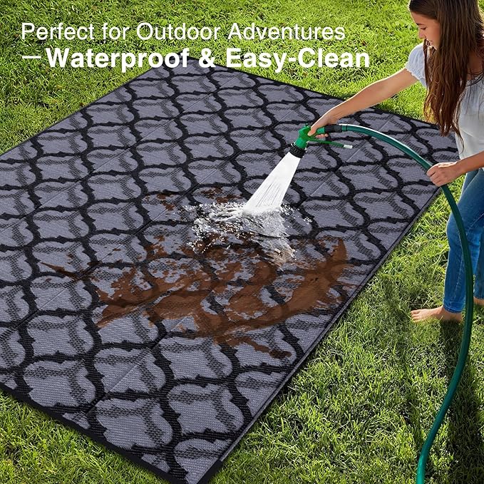 OLANLY Reversible Outdoor Rug 6x9 ft Clearance, Waterproof Outdoor Plastic Straw Rug with Interlacing Pattern, RV Mat for Patio, Camping, Balcony, Deck, Backyard, Black & Grey