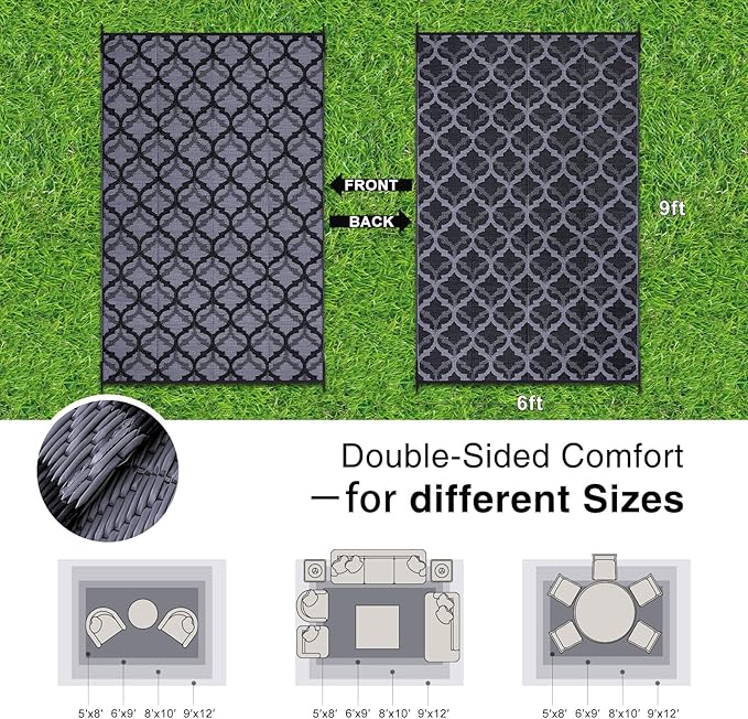 OLANLY Reversible Outdoor Rug 6x9 ft Clearance, Waterproof Outdoor Plastic Straw Rug with Interlacing Pattern, RV Mat for Patio, Camping, Balcony, Deck, Backyard, Black & Grey