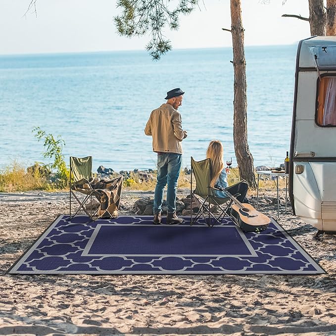 GENIMO Outdoor Rug 9' x 12' Patio Waterproof, Foldable Reversible Plastic Straw Area Rugs Mat for Camper Decor, Outside Carpet for Rv, Deck, Porch, Picnic, Beach, Balcony, Blue & Grey