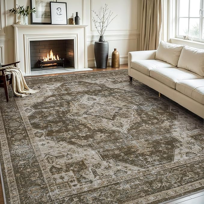 AMOAMI-Area Rug 9X12 Rugs for Living Room-Vintage Soft Coffee&Brown Rugs for Bedroom-Non Slip Carpet-Washable Rug for Dining Room Living Room Bedroom Office Under Table