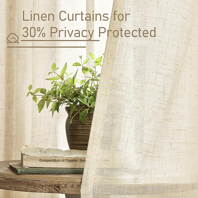 LAMIT Beige Linen Curtains 54 Inches Long for Bedroom, Semi Sheer Neutral Faux Linen Textured Window Light Filtering Panels with Bronze Grommet for Kitchen,2 Panels Set, 52 X 54 Inch