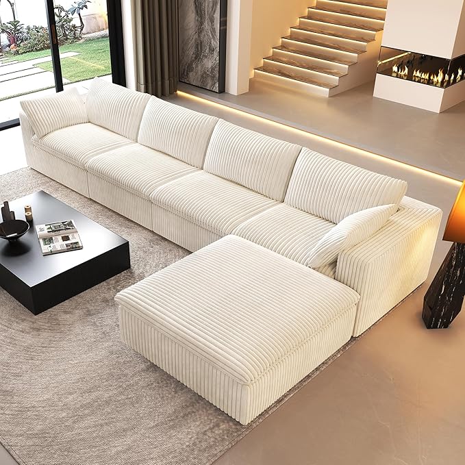 157.5" L Shaped Modern Sofa Modular Sectional Cloud Couch with Ottoman,Deep Seat Upholstered Couches with Corduroy Fabric for Living Room Furniture,Bedroom and Apartment,No Assembly Required,White