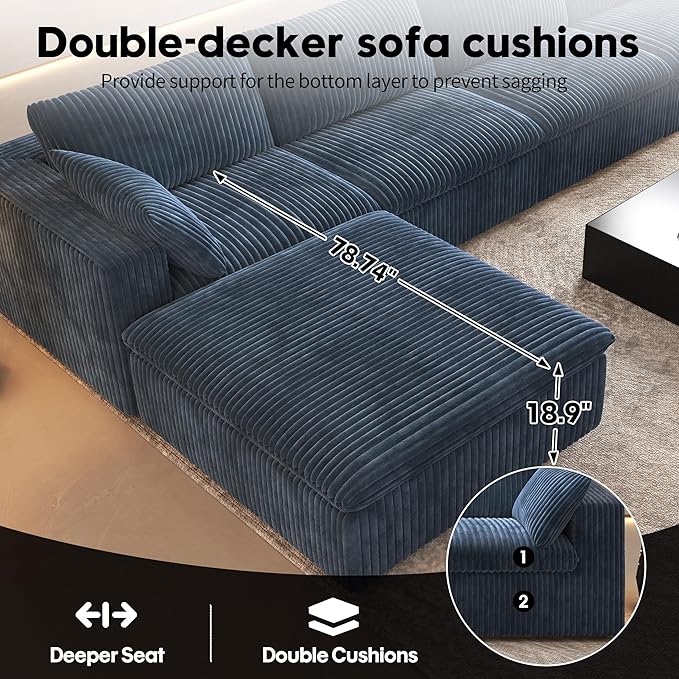118" U Shaped Modern Sofa Modular Sectional Cloud Couch with 2 Ottoman,Upholstered Couches with Plush Corduroy Fabric for Living Room Furniture,Bedroom and Apartment,No Assembly Required,Blue