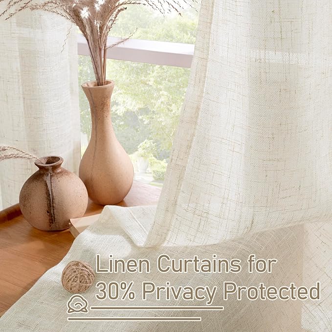 LAMIT Linen Sheer Curtains 84 Inches Long for Living Room, Soft Linen Textured Window Drapes Semi Sheer Light Filtering Bronze Grommet Neutral Panels for Bedroom, Cream Ivory, 2 Panels, 34 x 84 Inch