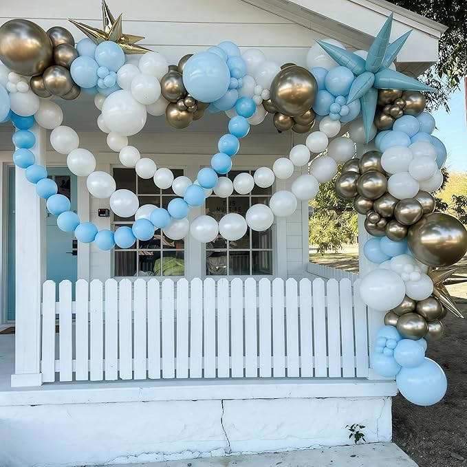 100PCS Blue and White Link Balloons, Baby Light Blue White Linking Balloons with Tail for Making Balloon Wall Arch and Chains, Quick Balloon for Wedding Birthday Baby Shower Party Decorations (6inch)