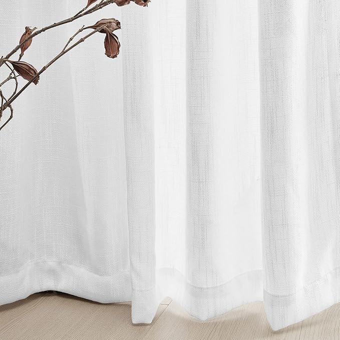 MYSKY HOME White Sheer Curtains 63 inch length Light Filtering Semi Sheer Curtains for Bedroom Short Window Treatment Privacy Protect Drapes Set, Back Tab Boho Farmhouse Linen Soft, 50" Wide, 2 Panels