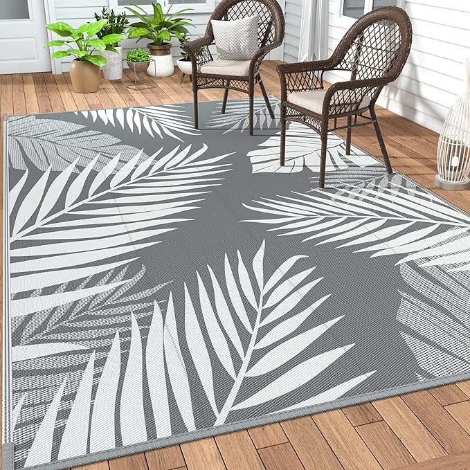GENIMO Outdoor Rug 6' x 9' Waterproof for Patios Clearance, Reversible Plastic Straw Camping Carpet, Large Area Rugs Mats RV, Picnic, Backyard, Deck, Balcony, Porch, Beach, Grey&White