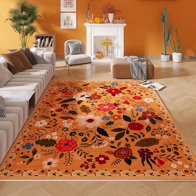 Living Room Rug 6x9 Rug Machine Washable Boho Area Rug Non Slip Floral Vintage Low Pile Large Rug for Living Room, Bedroom, Farmhouse, Dining Room, Kids Playroom(Yellow)