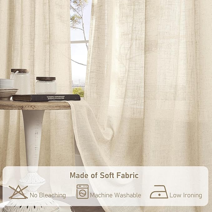 LAMIT Short Window Linen Curtains 30 Inch Length for Cafe, Semi Sheer Light Filtering Panels Bronze Grommet Cafe Drapes for Half Window, 2 Panels, Linen, 34 x 30 Inch