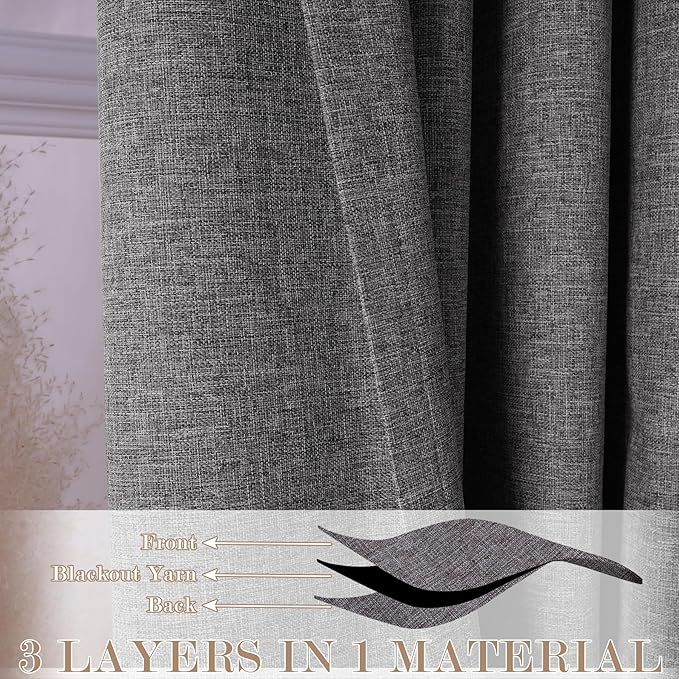 100% Blackout Linen Textured Drapes for Bedroom Pinch Pleated Curtains for Track System Portable Drapery for Sliding Glass Door/Storage/Space Room Divider, 70" Wx84 L, 1 PC, Natural Grey