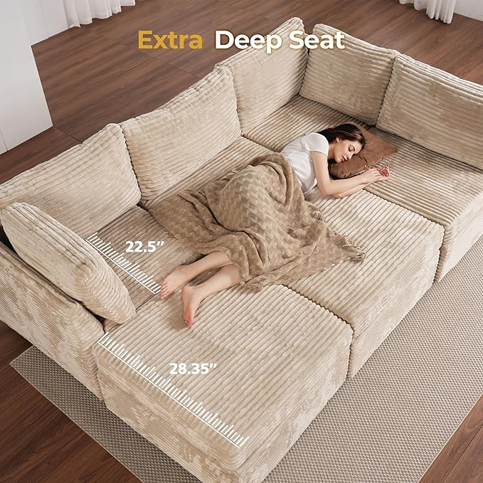 HOOOWOOO Modular Sectional Sofa,8 Pieces Sectional Couches for Living Room,131X98 G Shaped Cloud Couch with Ottoman Chaise Set(Beige Velvet Corduroy)