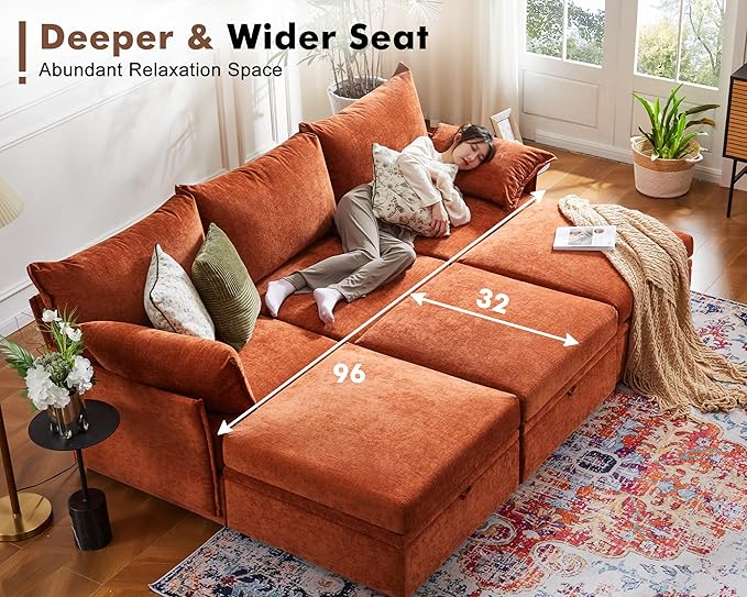 102.6" Luxury Modular Sleeper Sofa Bed 6 Seat Reversible Sectional Couch Deep Seat with Storage Chaises Removable Cover for Living Room, Apartment - Chenille Terracotta Orange