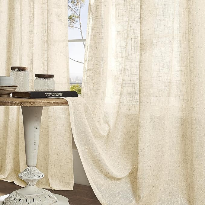 LAMIT 102 inches Long Sheer Linen Curtains, Linen Textured Light Filtering Semi Sheer Bronze Grommet Natural Boho Drapes for Living Room/Farmhouse, 2 Panels, Beige, 52 x 102 Inch