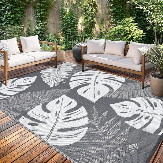GAOMON Outdoor Rug Waterproof 9x12 Outdoor Plastic Straw Rug for Patio, Reversible Modern Camping Mat with Bag & Stakes, UV Resistant & Easy to Clean Carpet for RV, Deck, Balcony, Grey