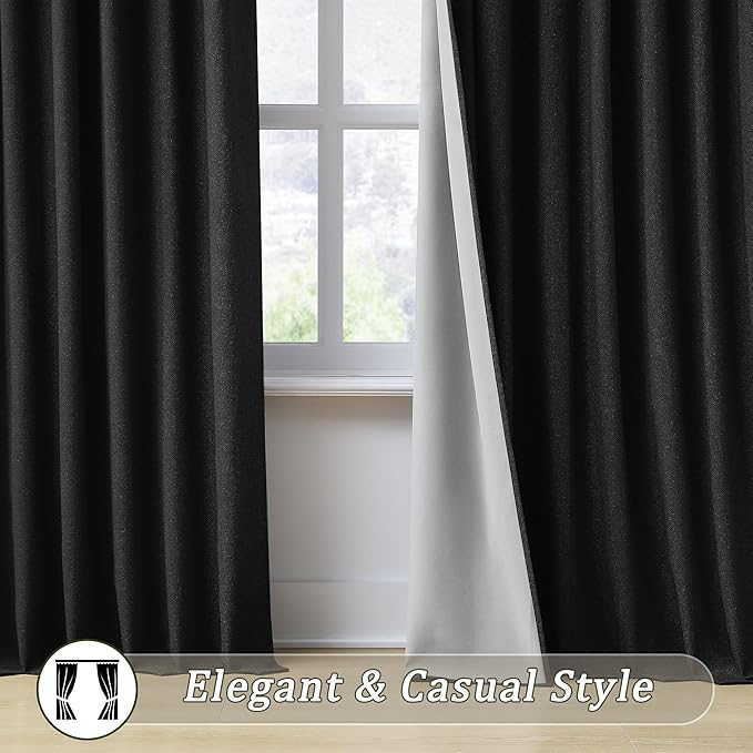 RAIN CITY Black Blackout Curtains 92 Inches Long, Textured Linen Blend Black Out Custom Made Pleated Look Curtains with Hooks Window Drapes for Bedroom Living Room-50x92-inch 2 Panels Set