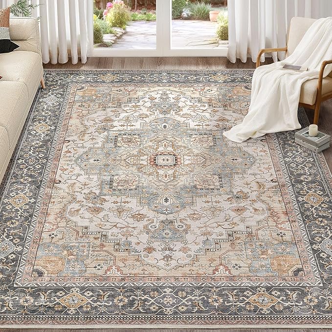 Washable Area Rugs for Living Room - 7x9 Neutral Vintage Distressed Floral Farmhouse Boho Large Soft Floor Rug Indoor Non Slip Carpet for Living Room Bedroom Dining Room Office - Forest Green Orange