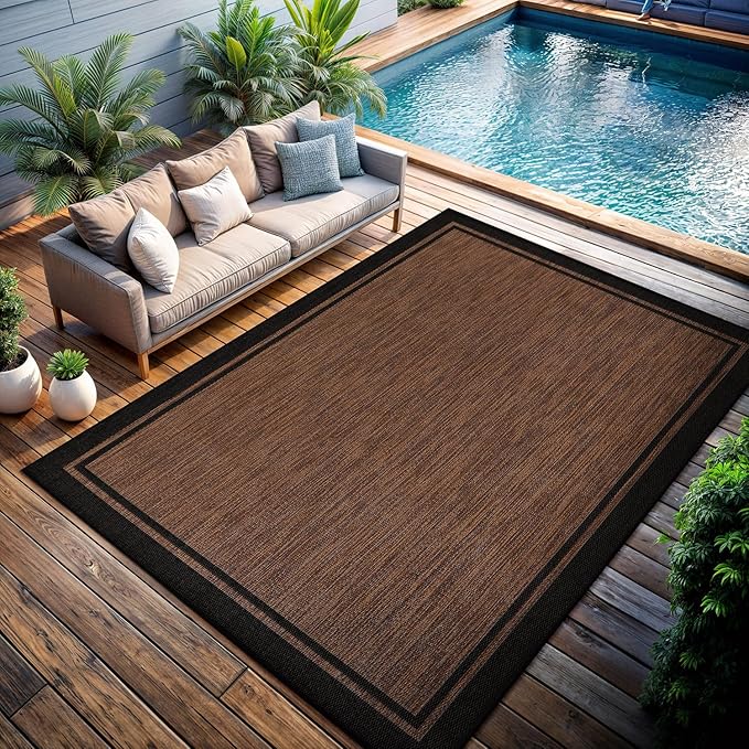 CAMILSON Indoor Outdoor Rug, 10x14 Bordered Nut Brown Black Modern Area Rugs for Indoor and Outdoor Patios, Kitchen and Hallway Mats, Washable Porch Deck Outside Carpet (Border Nut Brown Black 10 x14)