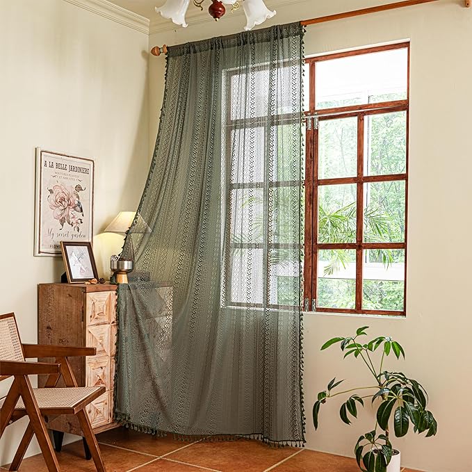 Sutuo Home Boho Curtains 120 inches Long, Crochet Lace Sheer Bohemian Hollow Knitted Cute Tassels, Vintage Farmhouse for Bedroom Living Room Nursery Dining Room, 1 Panel 59" W x 120" L,Olive Green
