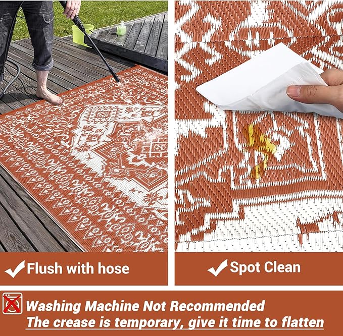GAOMON Outdoor Plastic Straw Rug 9x12 Waterproof Reversible Patio Rug, Large UV-Resistant Portable RV Camping Mats, Indoor Outdoor Rugs for Outside Deck Front Porch Garden RV, Red & White