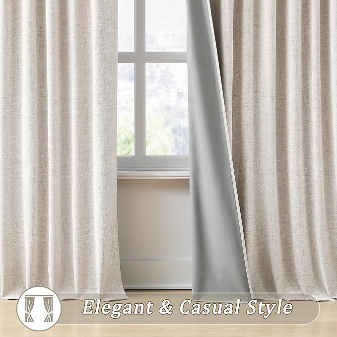 RAIN CITY Blackout Curtains 102 Inch Long 2 Panels,Linen Room Darkening Black Out Drapes for Living Room Tall Windows Back Tab with Hooks Boho Modern Farmhouse Decor Shaded Drop 50x102