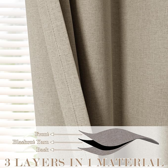 100% Blackout Linen Textured Drapes for Bedroom Pinch Pleated Curtains for Track System Portable Drapery for Sliding Glass Door/Storage/Space Room Divider, 70" Wx96 L, 1 PC, Light Khaki