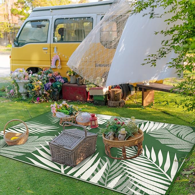 GENIMO Outdoor Rug 5' x 8' Waterproof for Patios Clearance, Reversible Plastic Straw Camping Rug Carpet, Large Area Rugs Mats for RV, Picnic, Backyard, Deck, Balcony, Porch, Dark Green&White