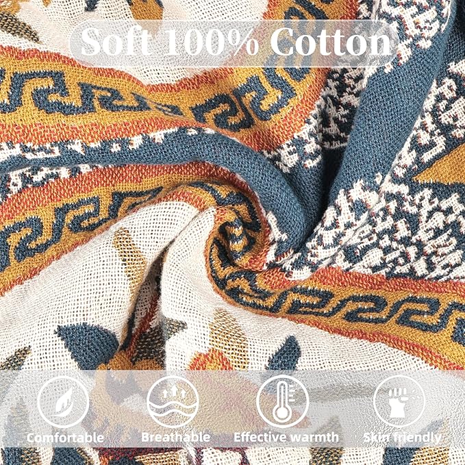 Boho Throw Blanket for Bed - 100% Pure Cotton Ultra Soft Rustic Quilt - Farmhouse Decor Bed Blankets, All Season Rustic Throw for Sofa Couch Chair(60"×80", Floral)