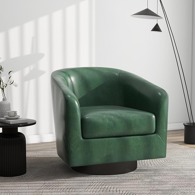 Swivel Barrel Accent Chair, Modern Round Faux Leather Arm Chair for Living Room, Bedroom, Comfy Club Reading Chairs for Adults(Faux Leather, Green, Set of 4)