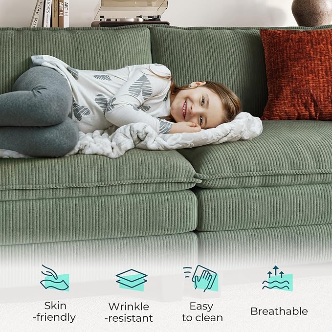 LINSY HOME Modular Sectional Sofa - 157'' Sleeper Sofa Cloud Couch Oversized Corduroy Sofa Bed with Movable Ottoman Soft Modern Comfy Couch for Living Room Apartment Office, Green