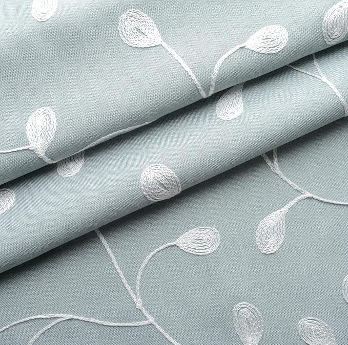 MIUCO Floral Embroidered Semi-Sheer Curtains Faux Linen Grommet Window Panel Pair for Nursery 52 x 63 Inch, Sea Foam