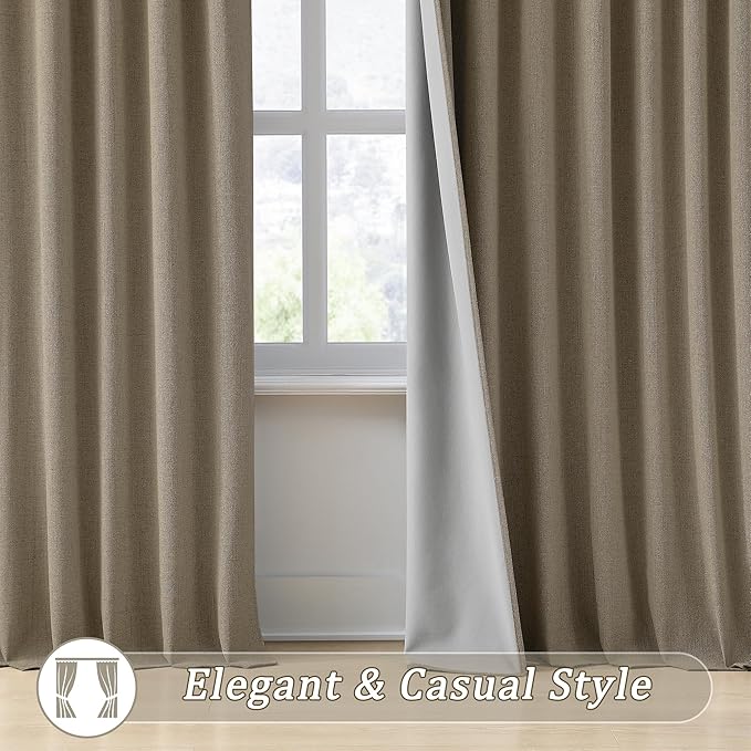 RAIN CITY Linen Brown Blackout Curtains 144 Inch Long 12ft Pleated Look Hidden Tab Drapes with Hooks 2 Story Linen Blend Sound Reducing Wall Tall Curtains for High Ceiling Long Window W50xL144