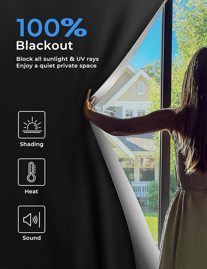 Sumobaby Blackout Curtains for Bedroom 96"x70"Portable Black Out Window Cover with Heat-Resistant Hook&Loop Tape,100% Blackout Shades No Drill Blinds for Windows DIY Cut Fit for Nursery,TV Room(Black)