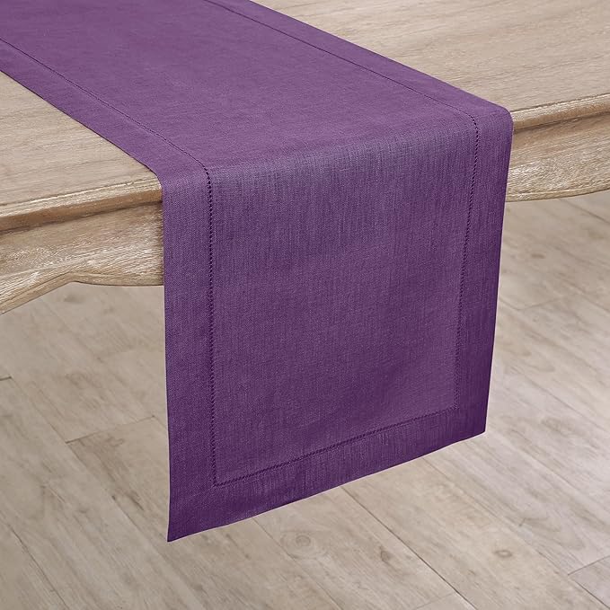 Solino Home Linen Purple Table Runner 108 Inches Long - 100% Pure Linen Hemstitch 14 x 108 Inch Table Runner for Dining, Fall, Autumn, Halloween, Thanksgiving - Classic Hemstitch