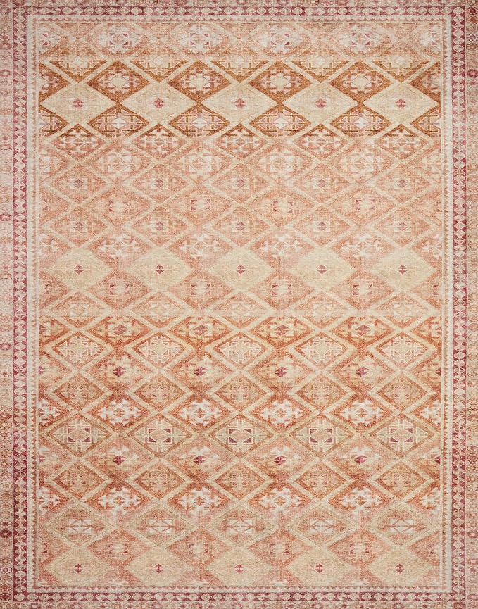 Loloi Layla Collection LAY-16 Natural/Spice 7'-6" x 9'-6" .13" Thick Area Rug, Soft, Durable, Vintage Inspired, Distressed, Low Pile, Non-Shedding, Easy Clean, Printed, Living Room Rug