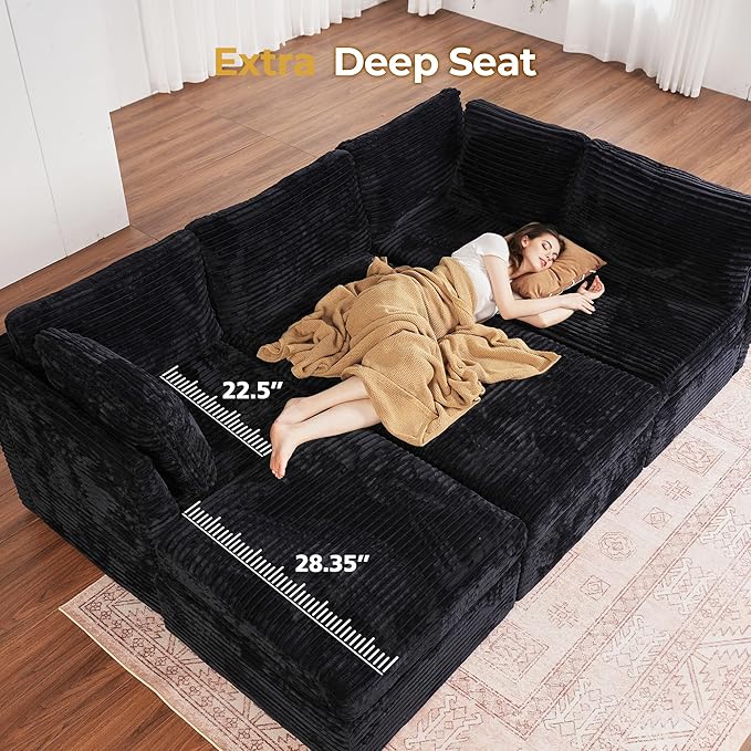 HOOOWOOO Modular Sectional Sofa,7 Pieces Sectional Couches for Living Room,131X98 U Shaped Cloud Couch Set(Black Velvet Corduroy)