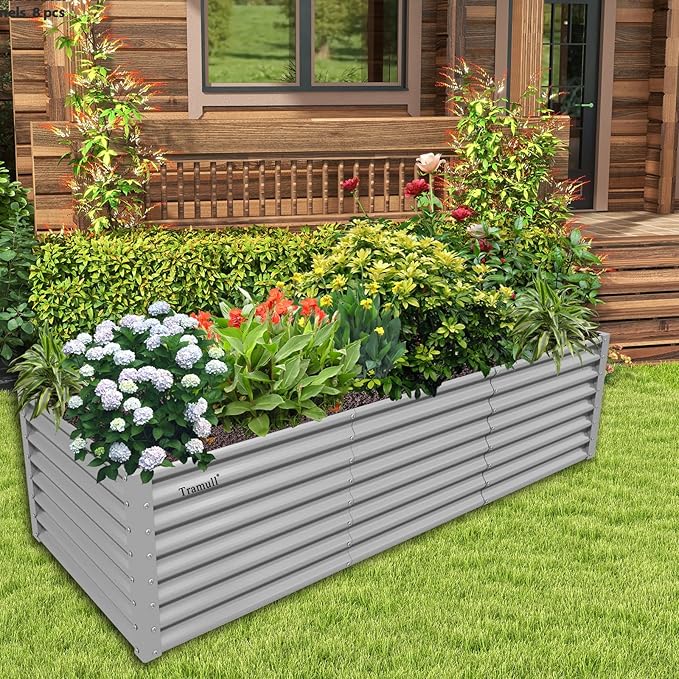 1 Pack 8x3x2FT Galvanized Raised Garden Bed Kit Retangular Metal Ground Planter Box Outdoor Bottomless Planter Raised Beds for Vegetables Flowers Herbs Fruits, Gray