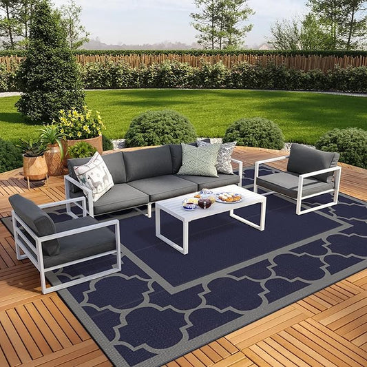 GENIMO 10 ' x 14 ' Outdoor Rug Waterproof for Patio Decor, Foldable Reversible Plastic Straw Area Rugs Mat for Camper, Outside Carpet for Rv, Deck, Porch, Picnic, Beach, Balcony, Blue & Grey