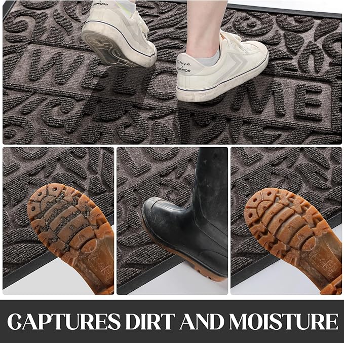 Yimobra Welcome Front Door Mat Outdoor, Heavy Duty Sturdy Non Slip Doormats, Rubber Backing, Low-Profile Entrance Rugs, Absorbent Resist Dirt, Easy Clean Patio Garage Floor Mats, 47X24 Inch, Brown