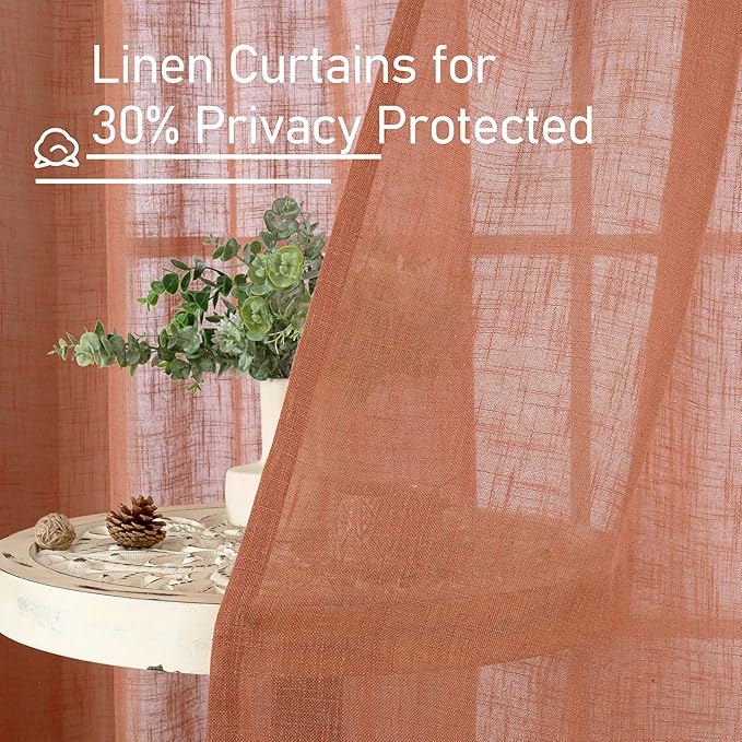 LAMIT Short Linen Window Curtains 30 Inches Long 2 Panels, Terracotta Semi Sheer Light Filtering Panels Bronze Grommet Room Decor Drapes for Basement/Small Windows, 34 x 30 Inch