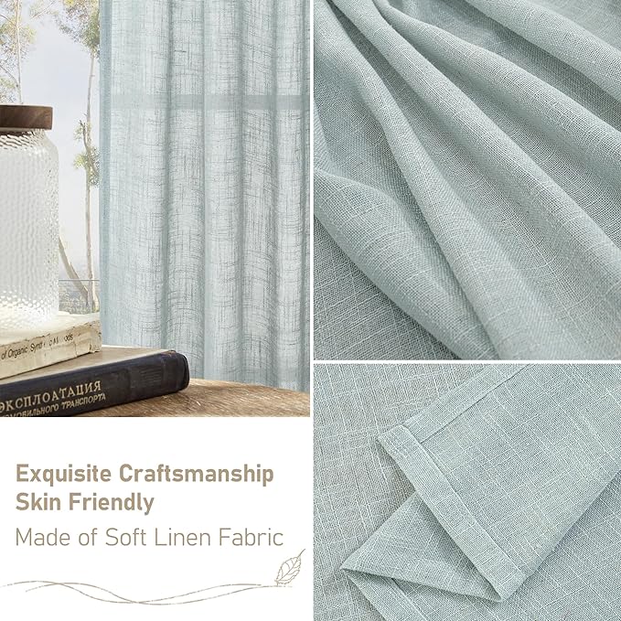 LAMIT Semi Sheer Linen Curtains 54 Inch Length 2 Panels, Greyish Blue Light Filtering Panels Bronze Grommet Neutral Drapes for Bedroom/Window/Dining Room, 52 x 54 Inch