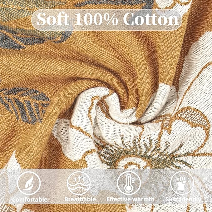 Boho Throw Blanket for Bed - 100% Pure Cotton Ultra Soft Rustic Quilt - Farmhouse Decor Bed Blankets, All Season Rustic Throw for Sofa Couch Chair(60"×80", Flower Branch 2)